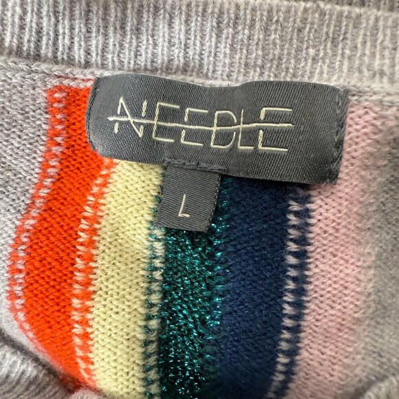 Needle Anthropologie Cashmere Crew Neck Sweater w/ Varsity Multicolor Stripe L - Picture 3 of 10
